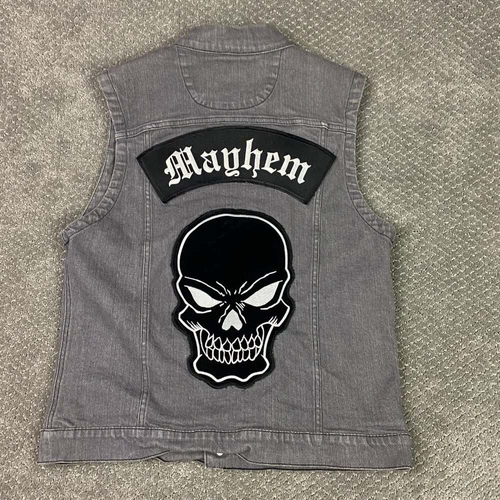 XXX Rude Denim Vest Men's XL fit like Medium Gray Black Skull Mayhem Jean